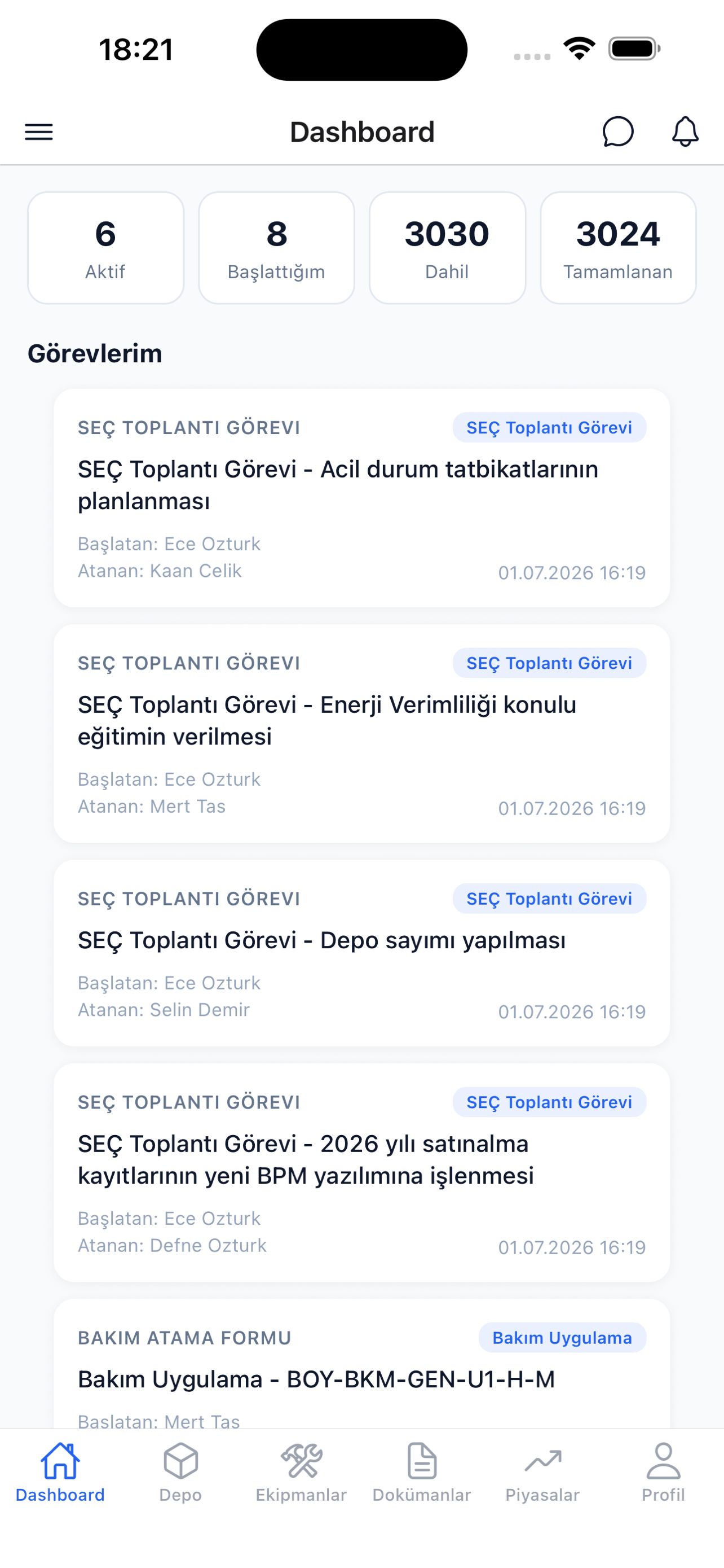 DigitalPlant mobil dashboard ekranı