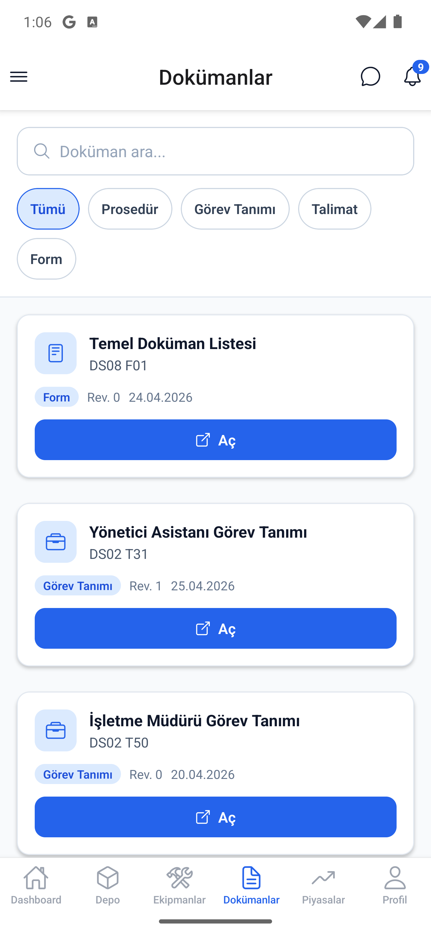DigitalPlant mobil dokümanlar ekranı