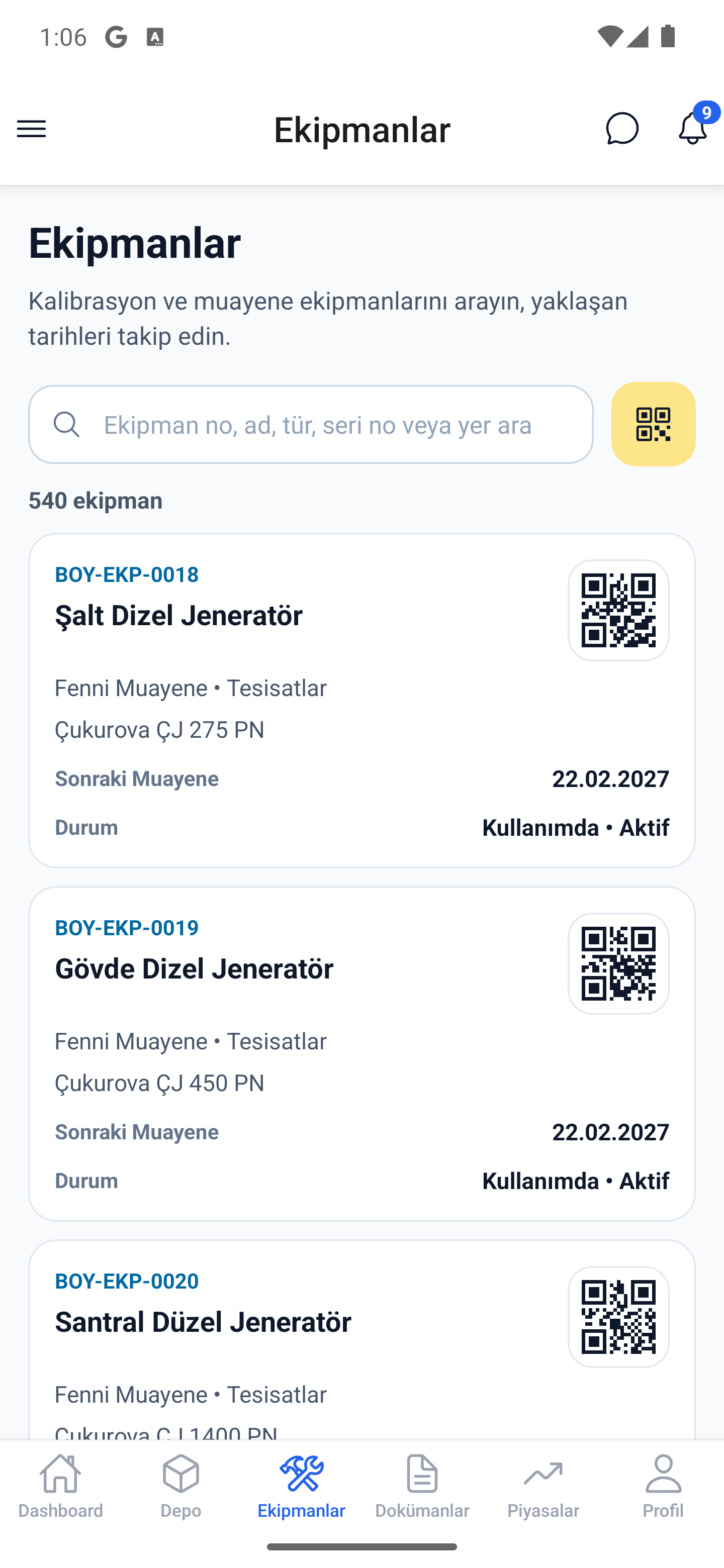 DigitalPlant mobil ekipmanlar ekranı