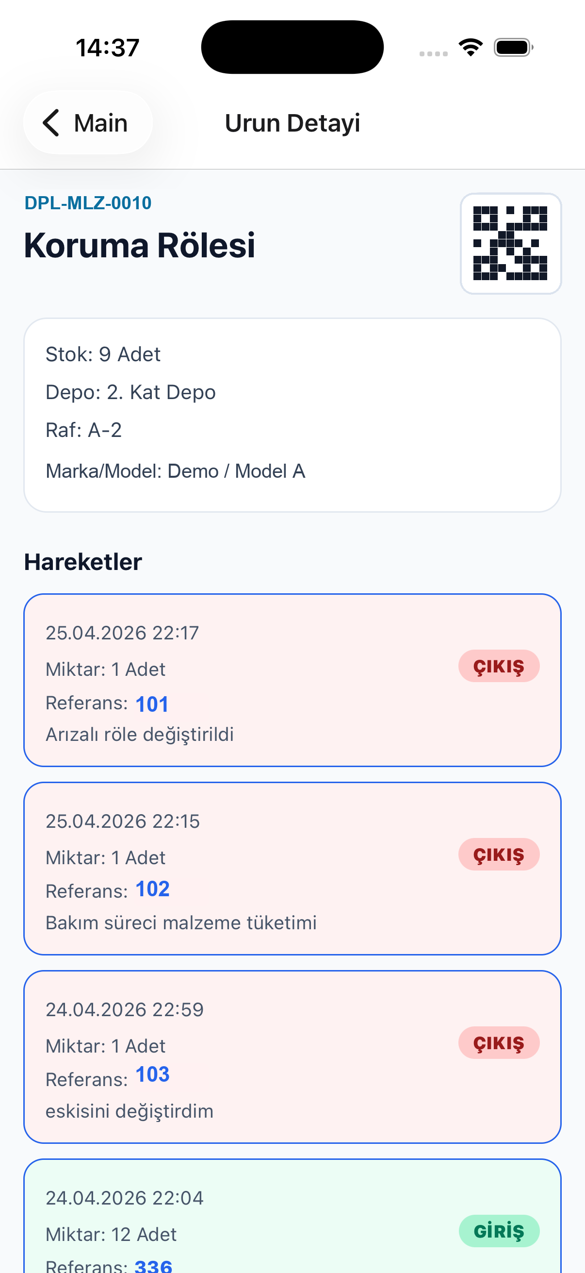 DigitalPlant mobil depo hareketleri ekranı
