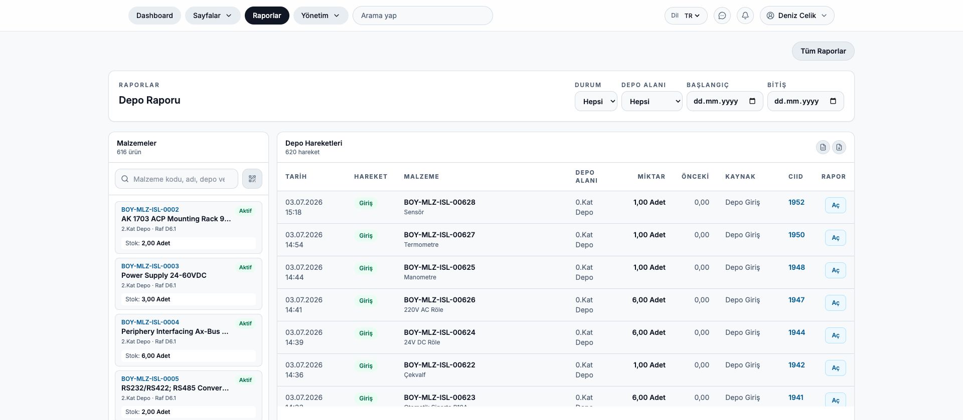 DigitalPlant web depo hareketleri ekranı