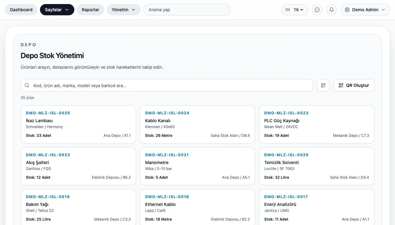 DigitalPlant web depo yönetimi ekranı